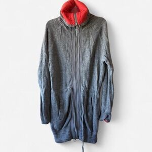 Sparrow Lambswool Zipped Heather Gray Cable knit Cardigan w/ red lining Sz L